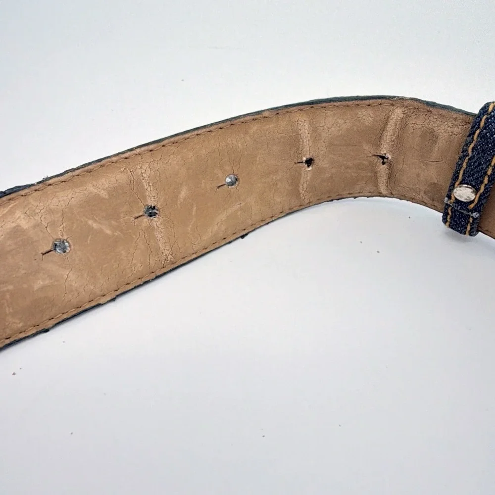 VTG Denim Leather Belt Peacock Feathers Leopard Silver Tone Buckle Adjustable